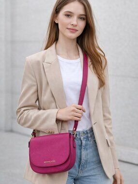 Michael Kors Saffiano Flap Messenger Fuchsia  Leather Gold Hardware Crossbody